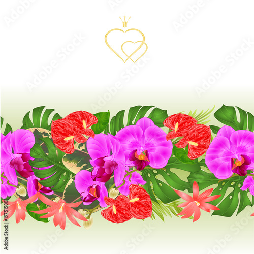 Fototapeta Naklejka Na Ścianę i Meble -  Floral border seamless background bouquet with tropical flowers Hawaiian style floral arrangement, with beautiful purple orchid, palm,philodendron and ficus and anthuria vintage vector
