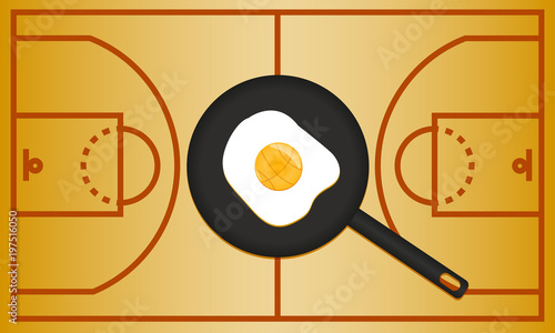 Fried egg on basketfield background. Basketball concept.