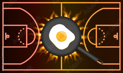 Fried egg in pan on basketfield background. Basketball concept.