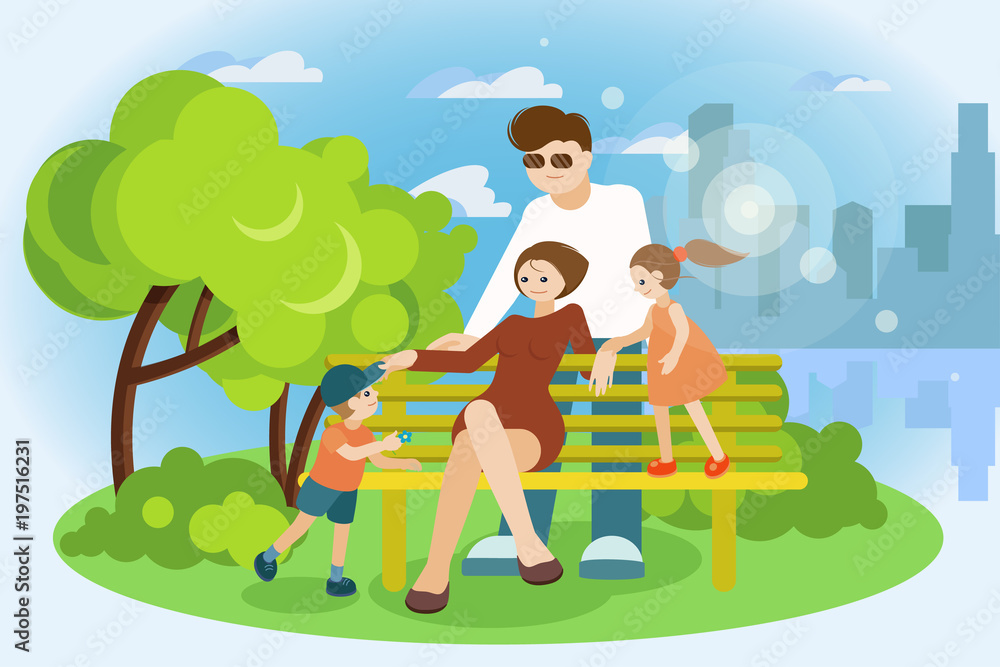 family is resting in the park on a bench. 