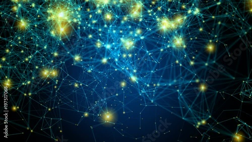 Wallpaper Mural Connections form world network. Loops: 0:00-42:00, 10:15-31:15, 35:00-end. Point brightness represents city population size. Global communication, transportation, internet, social media, technology. Torontodigital.ca