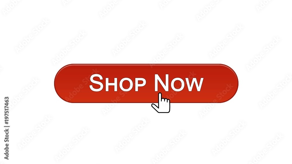 Shop now web interface button clicked with mouse cursor, wine red color, online Shop now web interface button clicked with mouse cursor, wine red color, online