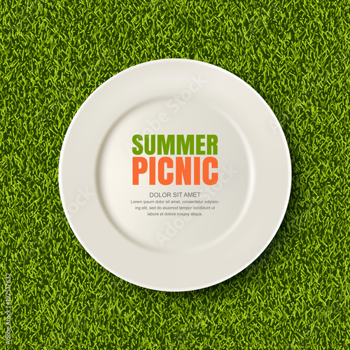 Vector realistic 3d illustration of white empty plate on green grass lawn. Spring, summer picnic in park. Banner, poster design template. Background with copy space.