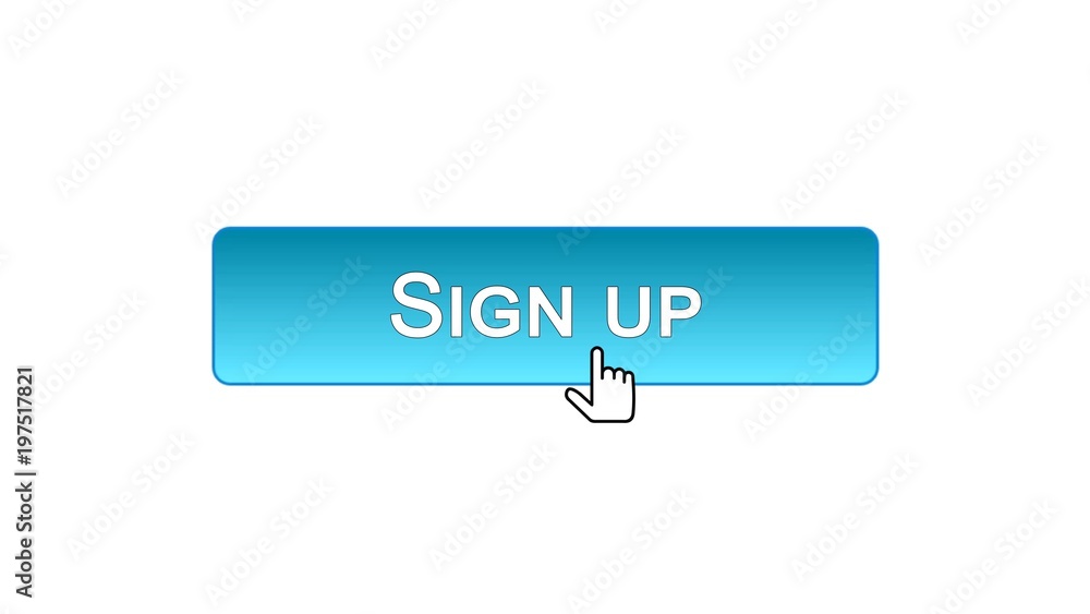Sign up web interface button clicked with mouse cursor, blue color, online