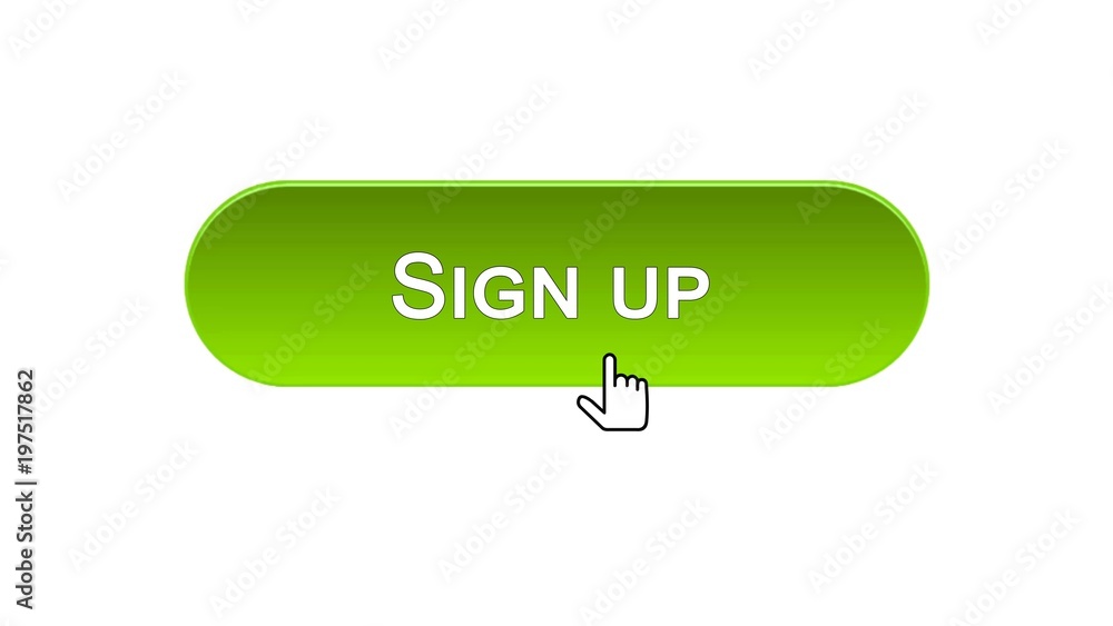 Sign up web interface button clicked with mouse cursor, green color, online Sign up web interface button clicked with mouse cursor, green color, online