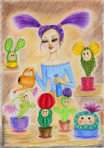 cute  cactuses, girl watering flowers