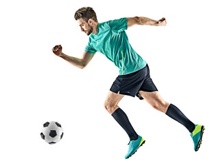 one caucasian soccer player man running isolated on white background