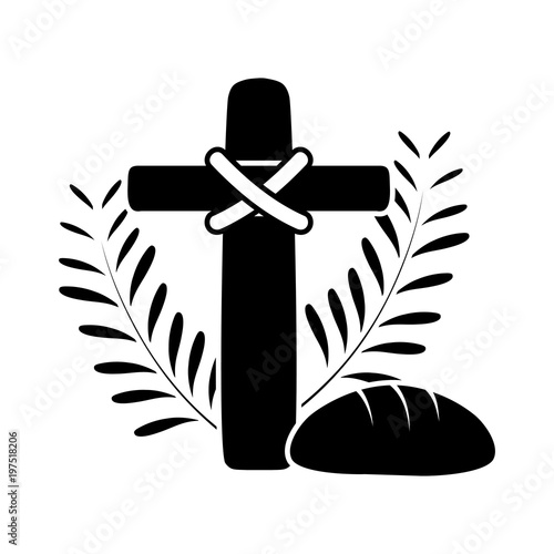 silhouette cross catholic religion with palms and bread
