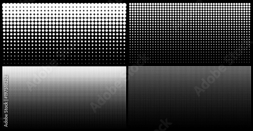 Set of white vertical gradient halftone dots backgrounds, horizontal templates using halftone dots pattern. Vector illustration