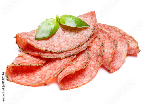 Italian Salami or spanish chorizo on white background