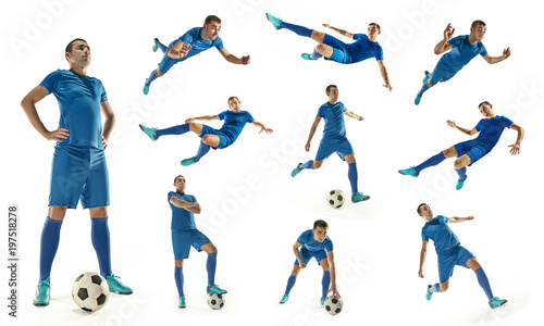 Professional football soccer player with ball isolated white background