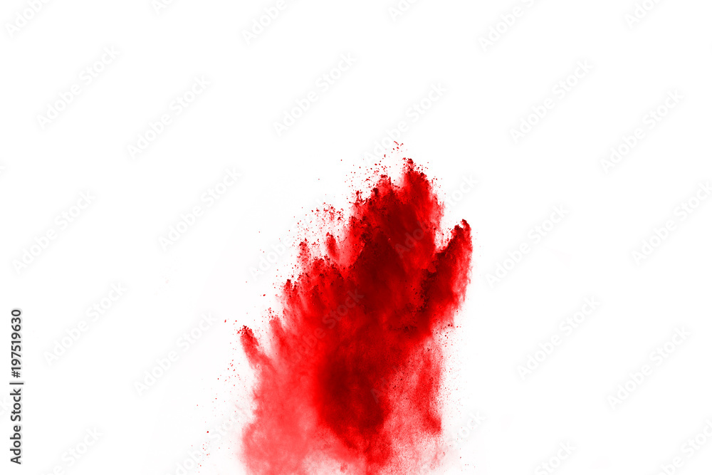 Red powder explosion on white background. Colored cloud. Colorful dust explode. Paint Holi.