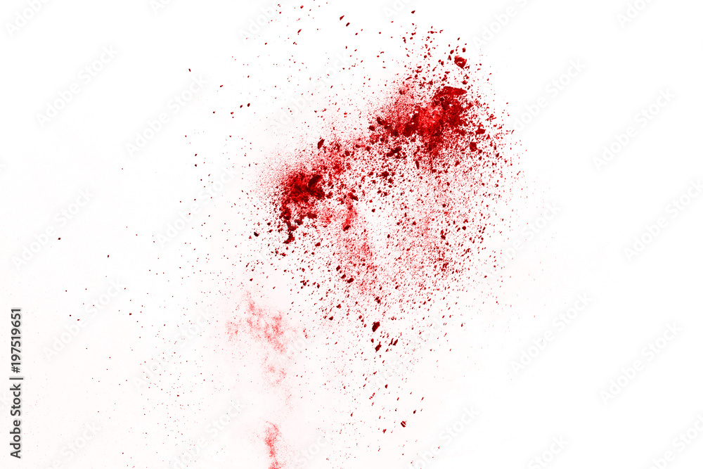 Fototapeta premium Red powder explosion on white background. Colored cloud. Colorful dust explode. Paint Holi.