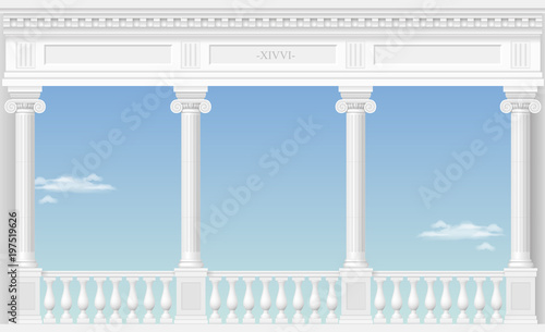 Balcony of a fabulous palace in classical style with a view of the cloud landscape. Vector graphics