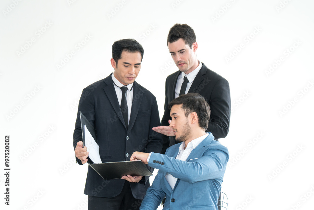 Business men pointing at report in laptop to discuss about strategy. Brainstorming, Concept for Work, Meeting, Presentation, Coaching on white background Business men pointing at report in laptop to discuss about strategy. Brainstorming, Concept for Work, Meeting, Presentation, Coaching on white background