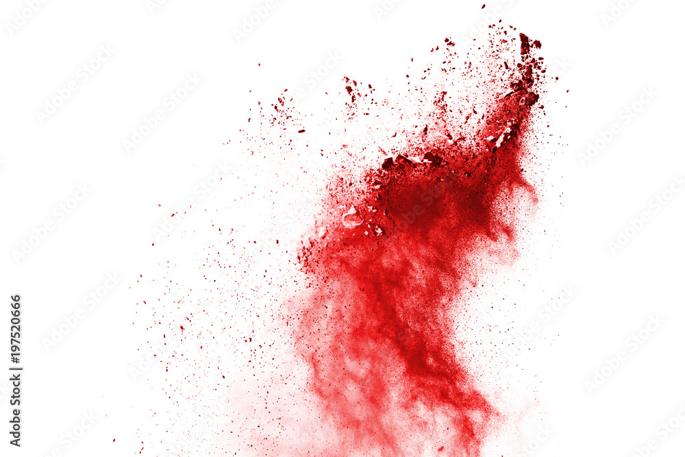 Red powder explosion on white background. Colored cloud. Colorful dust explode. Paint Holi.