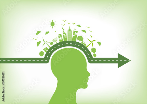 Go green, Environmentally saving and Eco friendly concept with human head, Vector illustration