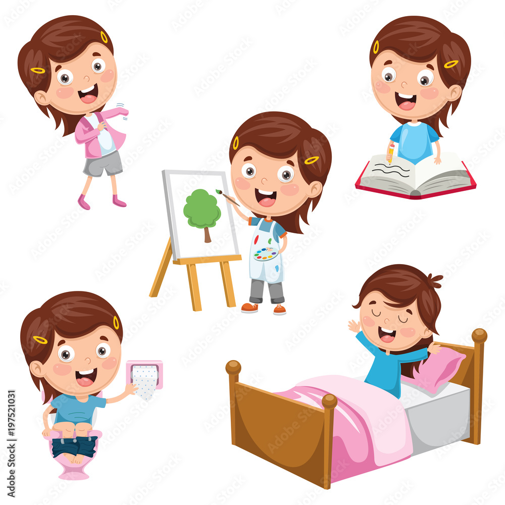 Vector Illustration Of Kids Daily Routine Activities Vector Illustration Of Kids Daily Routine Activities