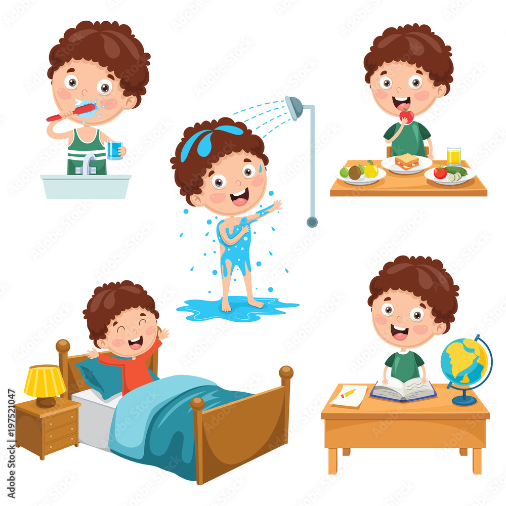 Vector Illustration Of Kids Daily Routine Activities Vector Illustration Of Kids Daily Routine Activities