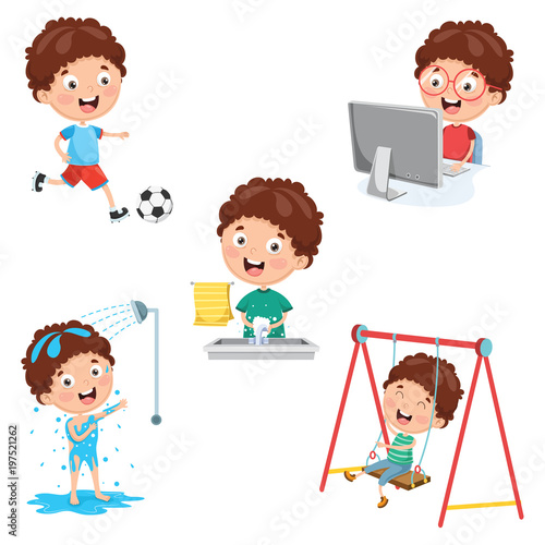 Vector Illustration Of Kids Daily Routine Activities