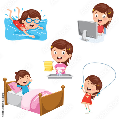 Vector Illustration Of Kids Daily Routine Activities