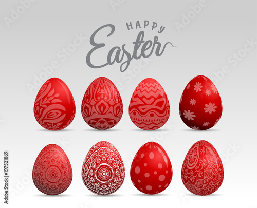 Red easter eggs with patten set. Vector illustration.