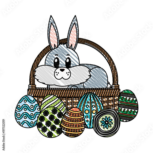 doodle rabbit animal inside hamper and eggs easter