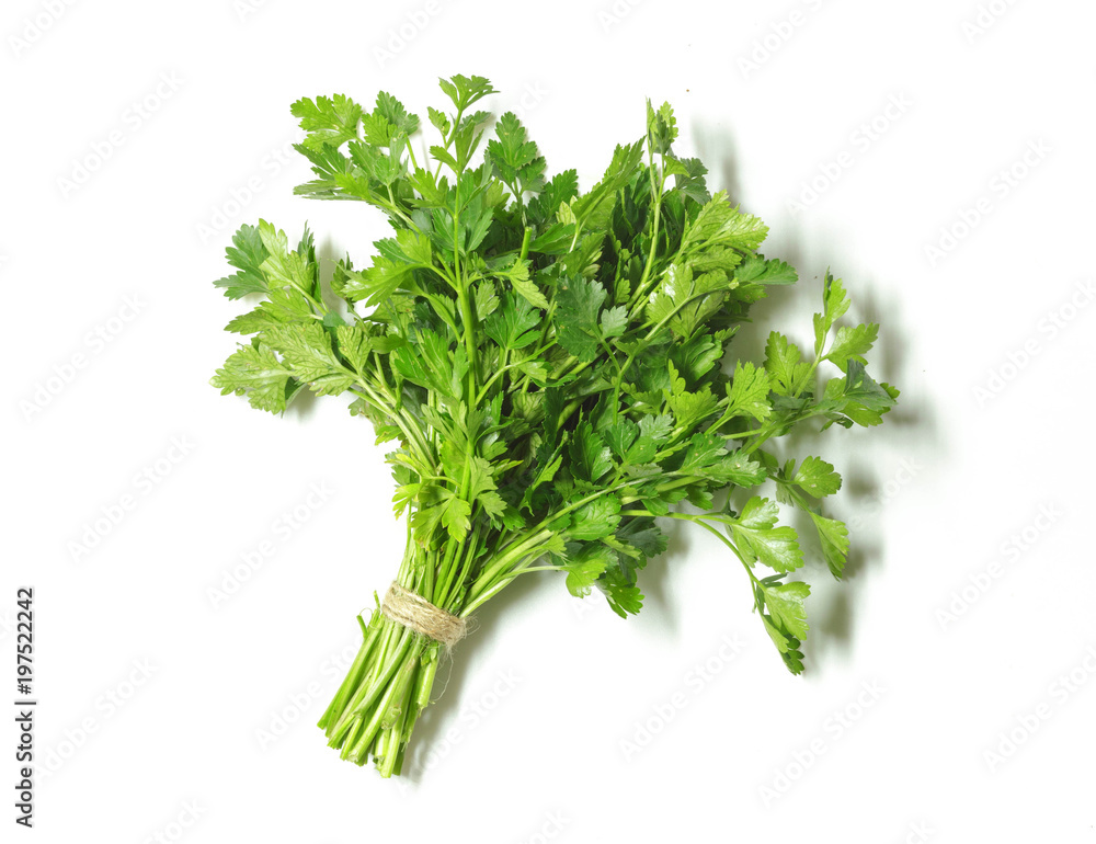 Fresh parsley isolated on white background. Top view. Fresh parsley isolated on white background. Top view.