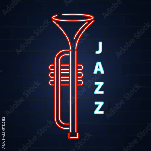 Cornet jazz instrument neon. Jazz music. Vector neon illustration.