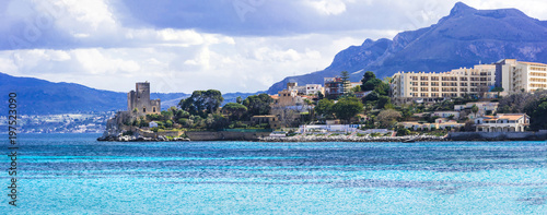 amazing picturesque small coastal town Santa Flavia with old castle . Sicily, Italy