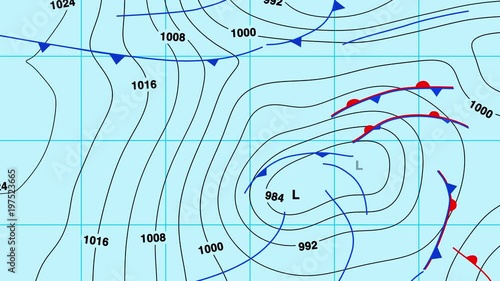 Animated weather forecast map on light blue background with isobars, cold and warm fronts, high and low pressure systems. In 4K and HD.