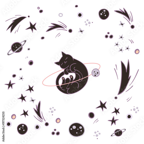 Cute cat flying in space surrounded by planets, stars, asteroids. Simple sweet kids nursery illustration. Graphic design for apparel.