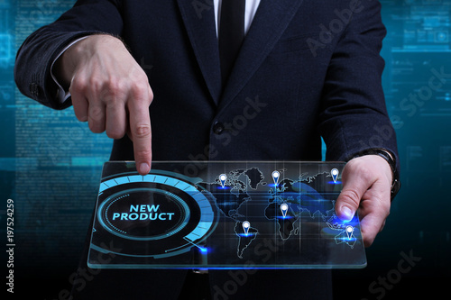 Business, Technology, Internet and network concept. Young businessman working on a virtual screen of the future and sees the inscription: New product