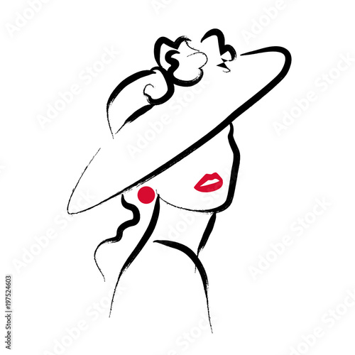 Vector artistic hand drawn stylish young lady portrait isolated on white background. Fashion girl model icon. Woman in hat. Beauty illustration, logo design. Fashion poster, placard, banner.