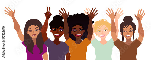 Group of happy smiling women of different race together holding hands up with piece sign, open palm. Flat style illustration isolated on white. Feminism diversity tolerance girl power concept.