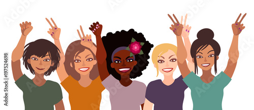 Group of happy smiling women of different race together holding hands up with piece sign, fist, open palm. Flat style illustration isolated on white. Feminism diversity tolerance girl power concept.