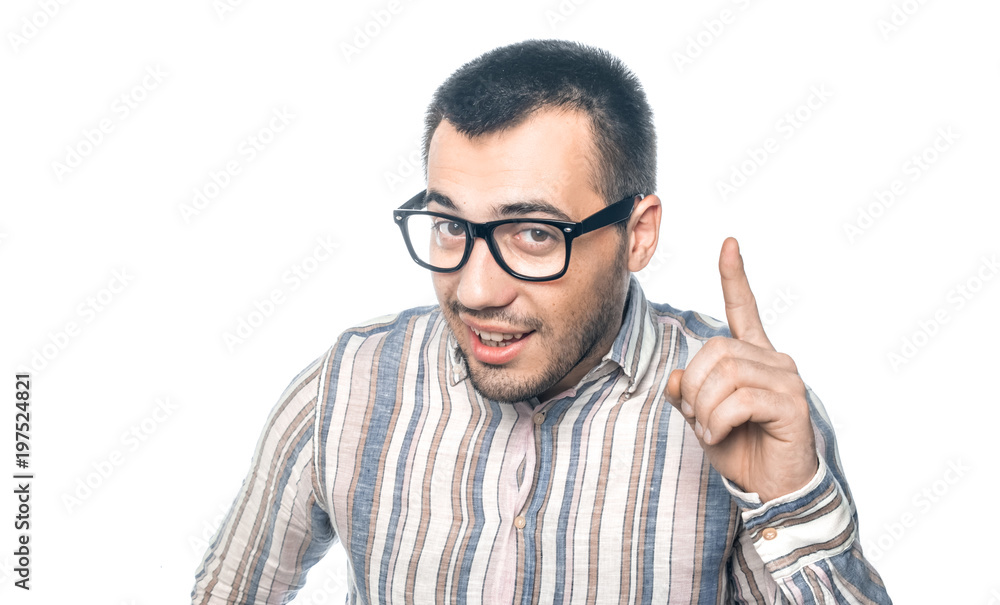 Man have a idea, gesturing with her finger up, isolated on white background, studio shot Man have a idea, gesturing with her finger up, isolated on white background, studio shot