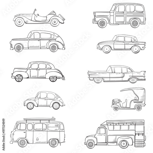 Collection with retro car in cartoon style. Color vintage retro auto. Classic car drawn set outline photo