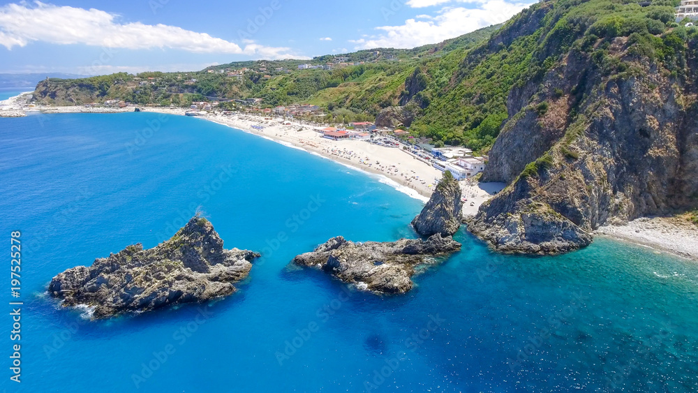 Amazing aerial view of Tonnara Beach in Calabria, Italy
