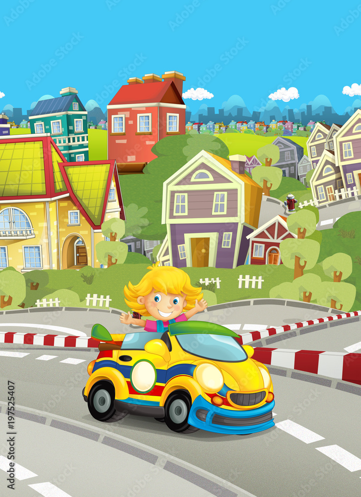 Fototapeta premium cartoon funny and happy looking child - girl in racing car on race track - illustration for children