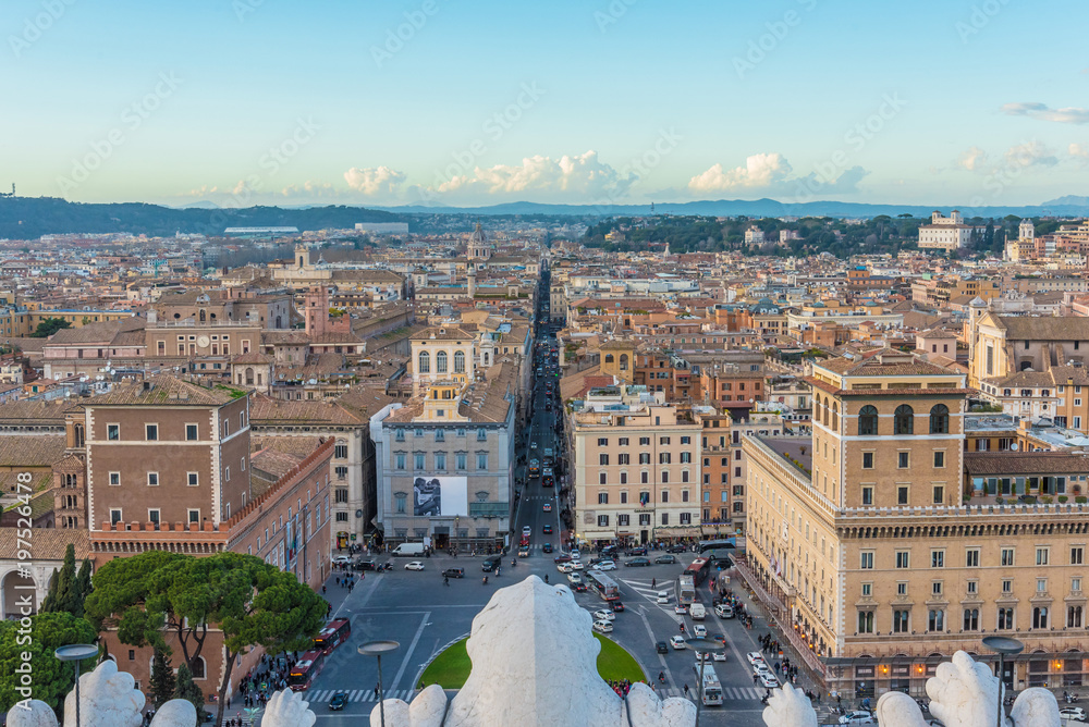 Rome, Italy - The cityscape from Vittoriano monument, in the center of Rome, also know as 'Altare della Patria'. Here in particular the Via del Corso street with Piazza Venezia