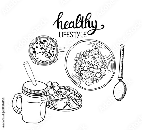 healthy breakfast Cereal granola Bowl, Spoon and fresh smoothie.