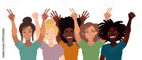 Group of happy smiling women of different race together holding hands up with piece sign, fist, open palm. Flat style illustration isolated on white. Feminism diversity tolerance girl power concept.