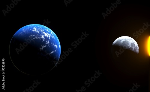 3D Rendering Of Realistic Earth Planet And Moon With Sun Shine The Elements Of This Image Furnished By NASA For Textures