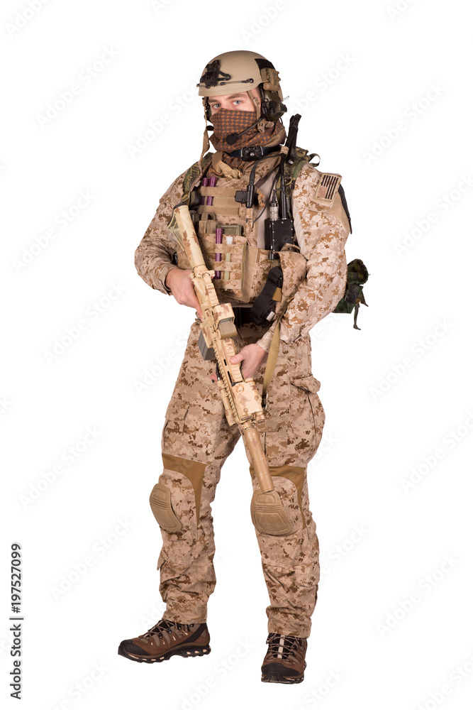 Special forces soldier with rifle on white background. army, military and people concept Special forces soldier with rifle on white background. army, military and people concept