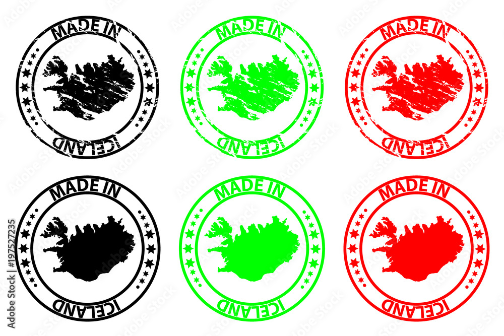 Made in Iceland - rubber stamp - vector, Iceland map pattern - black, green and red