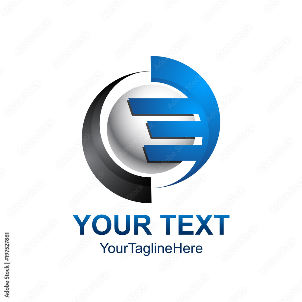 Initial letter E logo template colored grey blue circle sphere swoosh design for business and company identity Initial letter E logo template colored grey blue circle sphere swoosh design for business and company identity
