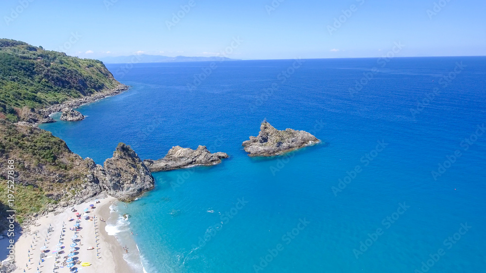 Tonnara beach and Scoglio Ulivo, Calabria from the air