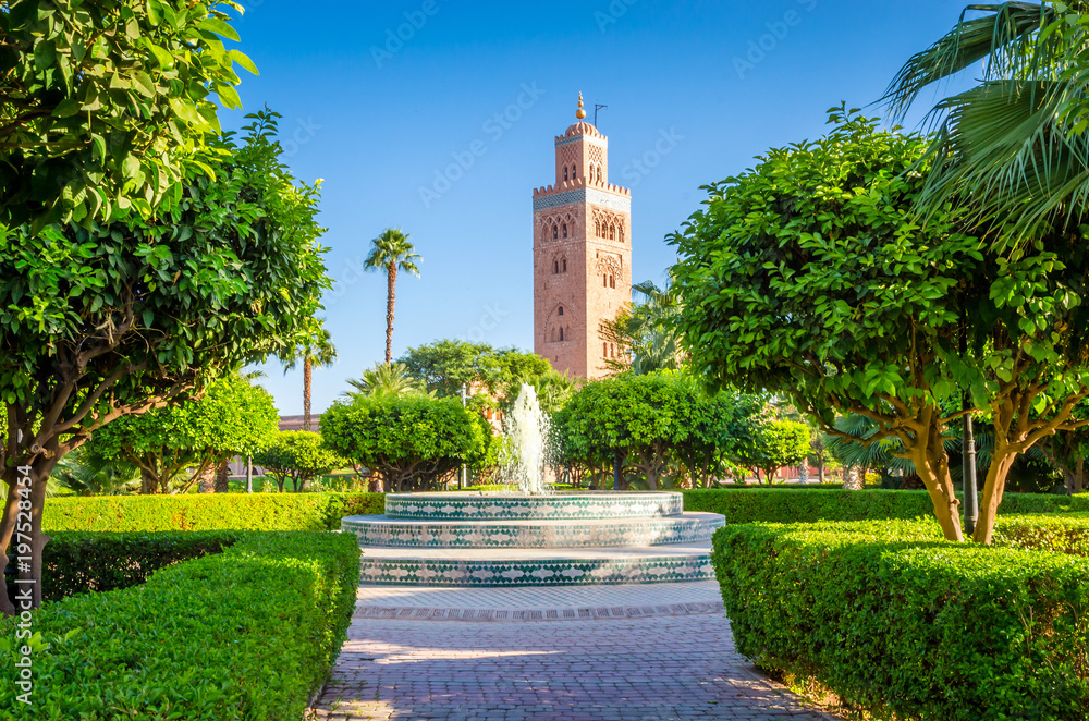 Koutoubia Mosque minaret in old medina of Marrakesh, Morocco