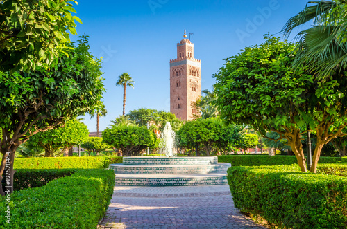 Koutoubia Mosque minaret in old medina  of Marrakesh, Morocco photo